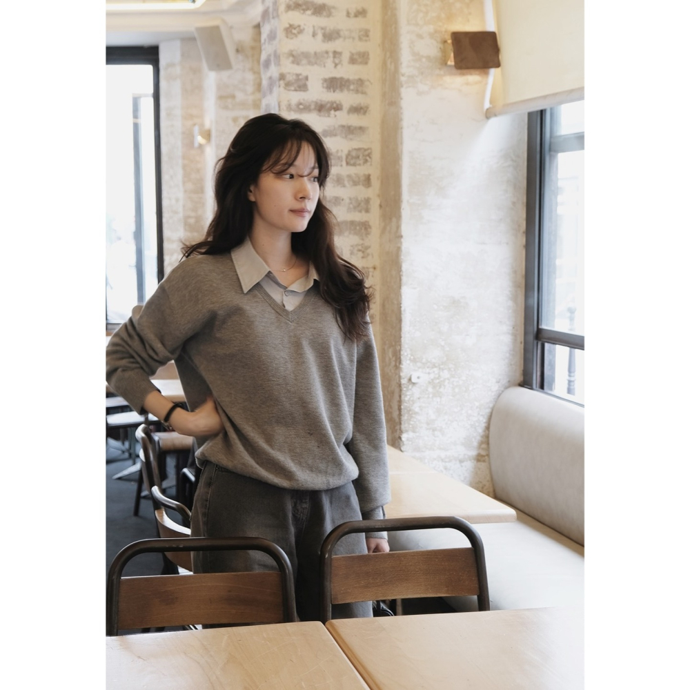 寬鬆毛衣拼接襯衫假兩件上衣 knit 4色 ( slowand 自訂款 ) 長袖 翻領 英倫-細節圖6