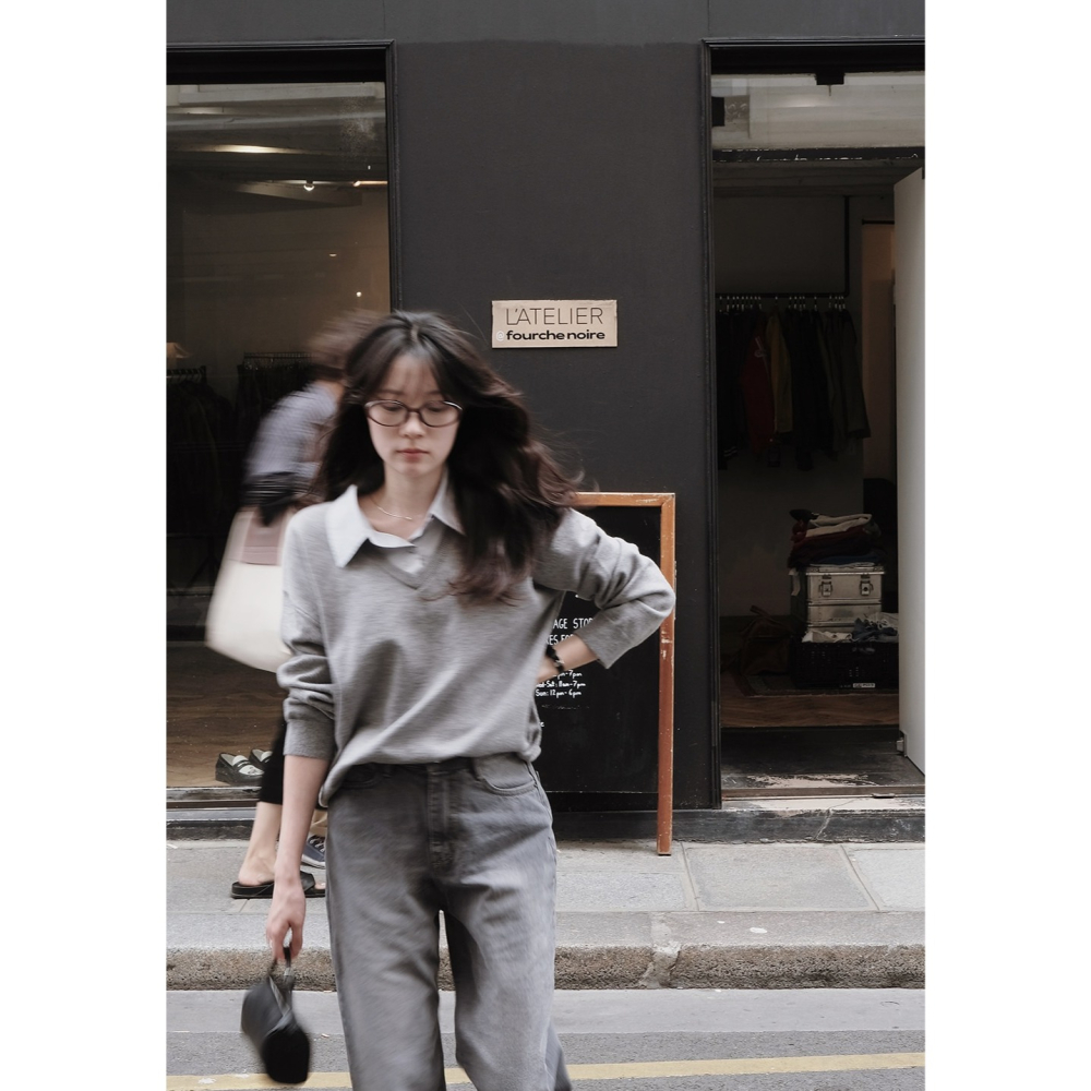 寬鬆毛衣拼接襯衫假兩件上衣 knit 4色 ( slowand 自訂款 ) 長袖 翻領 英倫-細節圖7