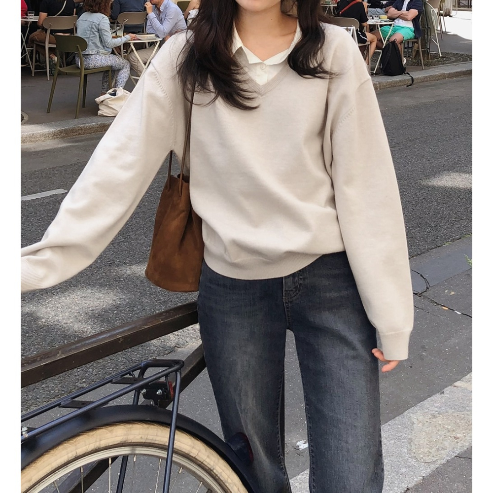 寬鬆毛衣拼接襯衫假兩件上衣 knit 4色 ( slowand 自訂款 ) 長袖 翻領 英倫-細節圖8