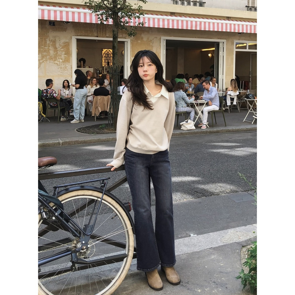 寬鬆毛衣拼接襯衫假兩件上衣 knit 4色 ( slowand 自訂款 ) 長袖 翻領 英倫-細節圖9