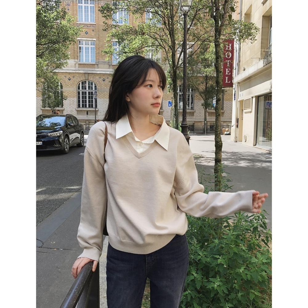 寬鬆毛衣拼接襯衫假兩件上衣 knit 4色 ( slowand 自訂款 ) 長袖 翻領 英倫-細節圖10