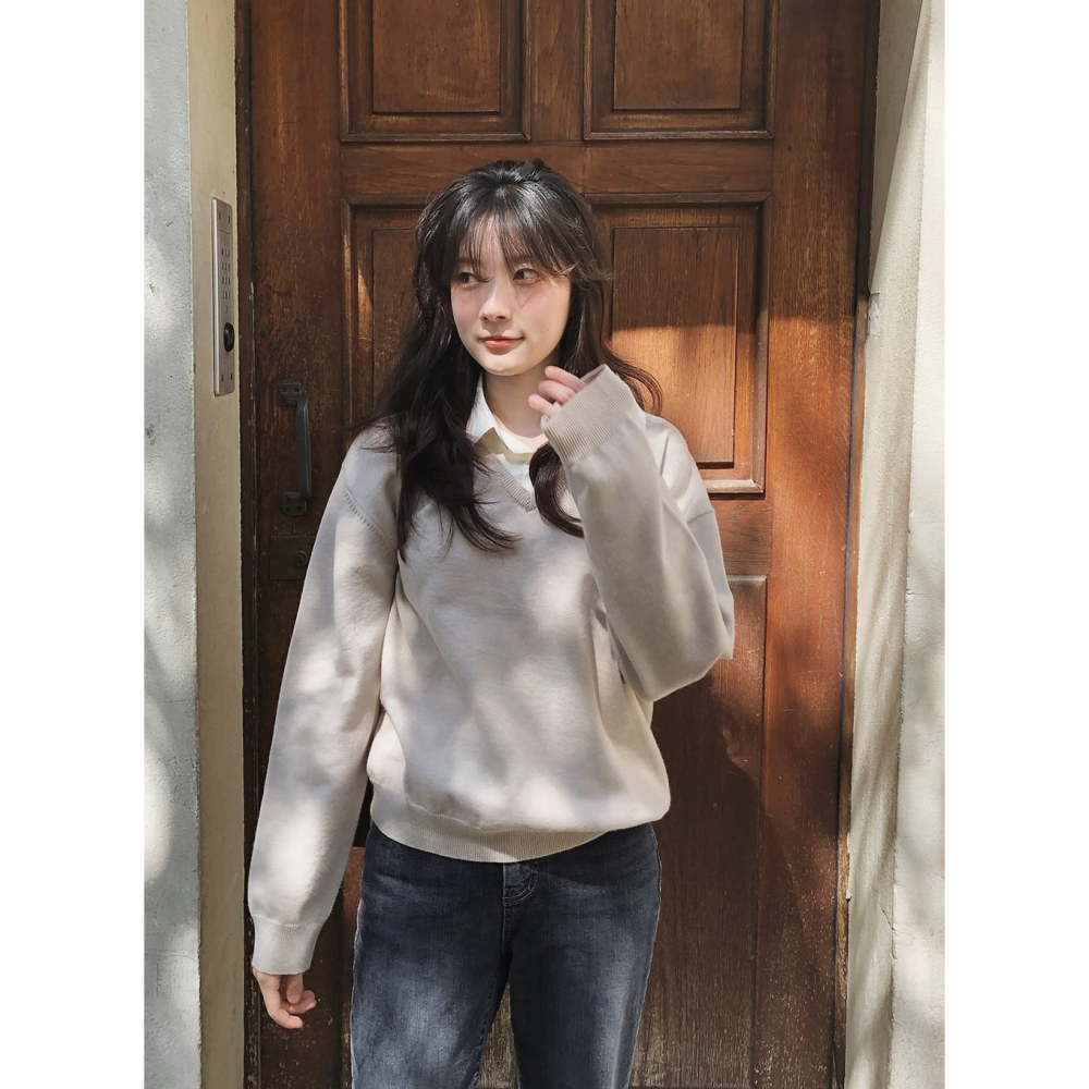 寬鬆毛衣拼接襯衫假兩件上衣 knit 4色 ( slowand 自訂款 ) 長袖 翻領 英倫-細節圖11