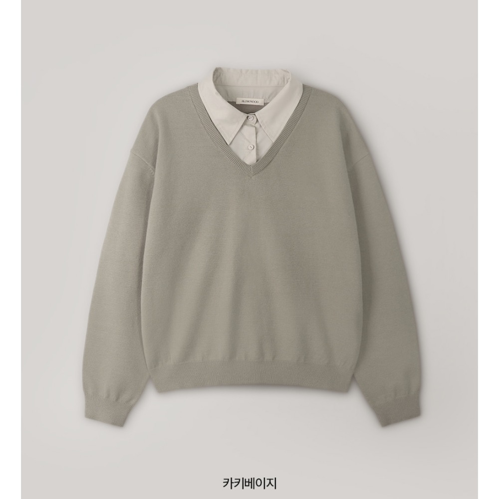 寬鬆毛衣拼接襯衫假兩件上衣 knit 4色 ( slowand 自訂款 ) 長袖 翻領 英倫-規格圖11