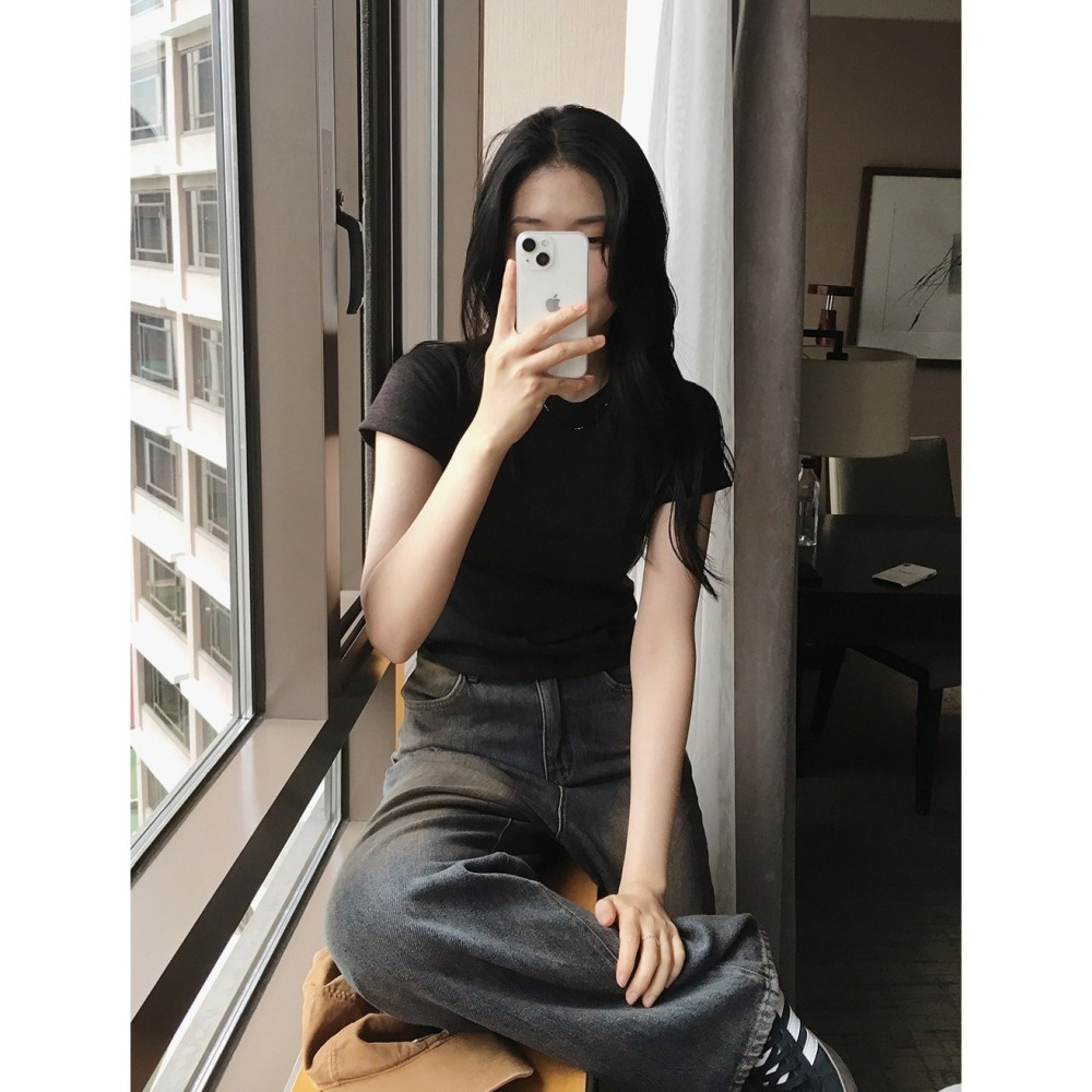 正韓製冬天厚度後縫線短袖上衣 tee 5色 ( slowand 自訂款 ) 短袖 圓領 車線細節 上衣 厚磅 短T 短踢-細節圖4