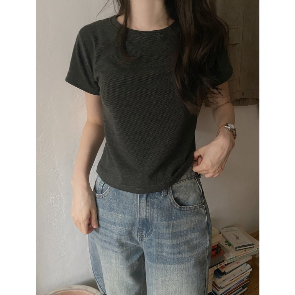 正韓製冬天厚度後縫線短袖上衣 tee 5色 ( slowand 自訂款 ) 短袖 圓領 車線細節 上衣 厚磅 短T 短踢-細節圖6