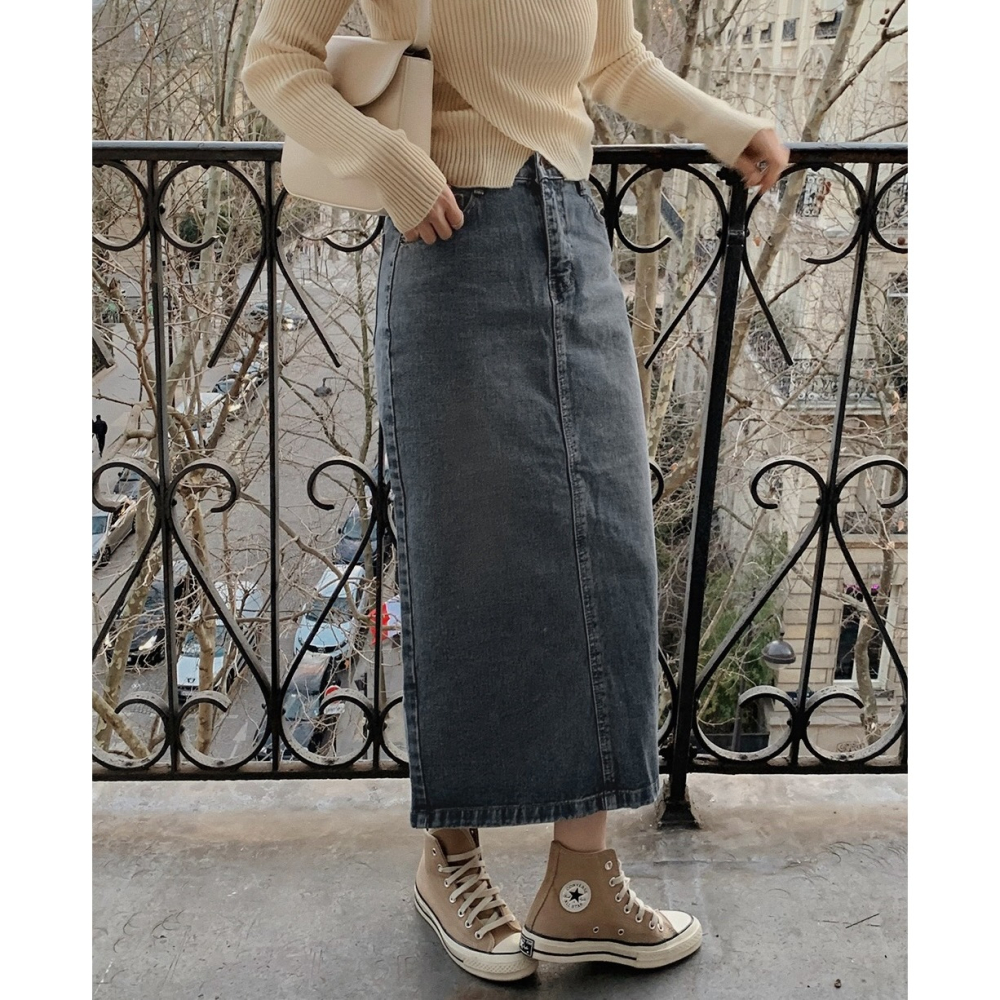 正韓製復古霧藍丹寧長裙 skirt ( slowand ) 牛仔裙 裙子-細節圖6