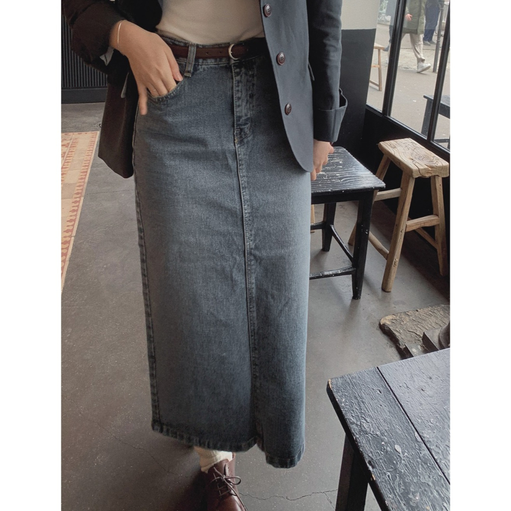 正韓製復古霧藍丹寧長裙 skirt ( slowand ) 牛仔裙 裙子-細節圖8