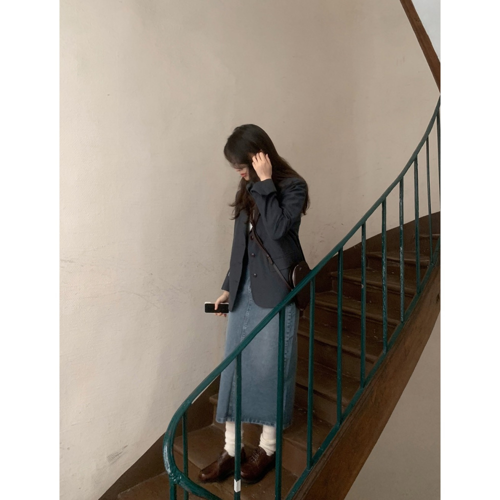 正韓製復古霧藍丹寧長裙 skirt ( slowand ) 牛仔裙 裙子-細節圖9