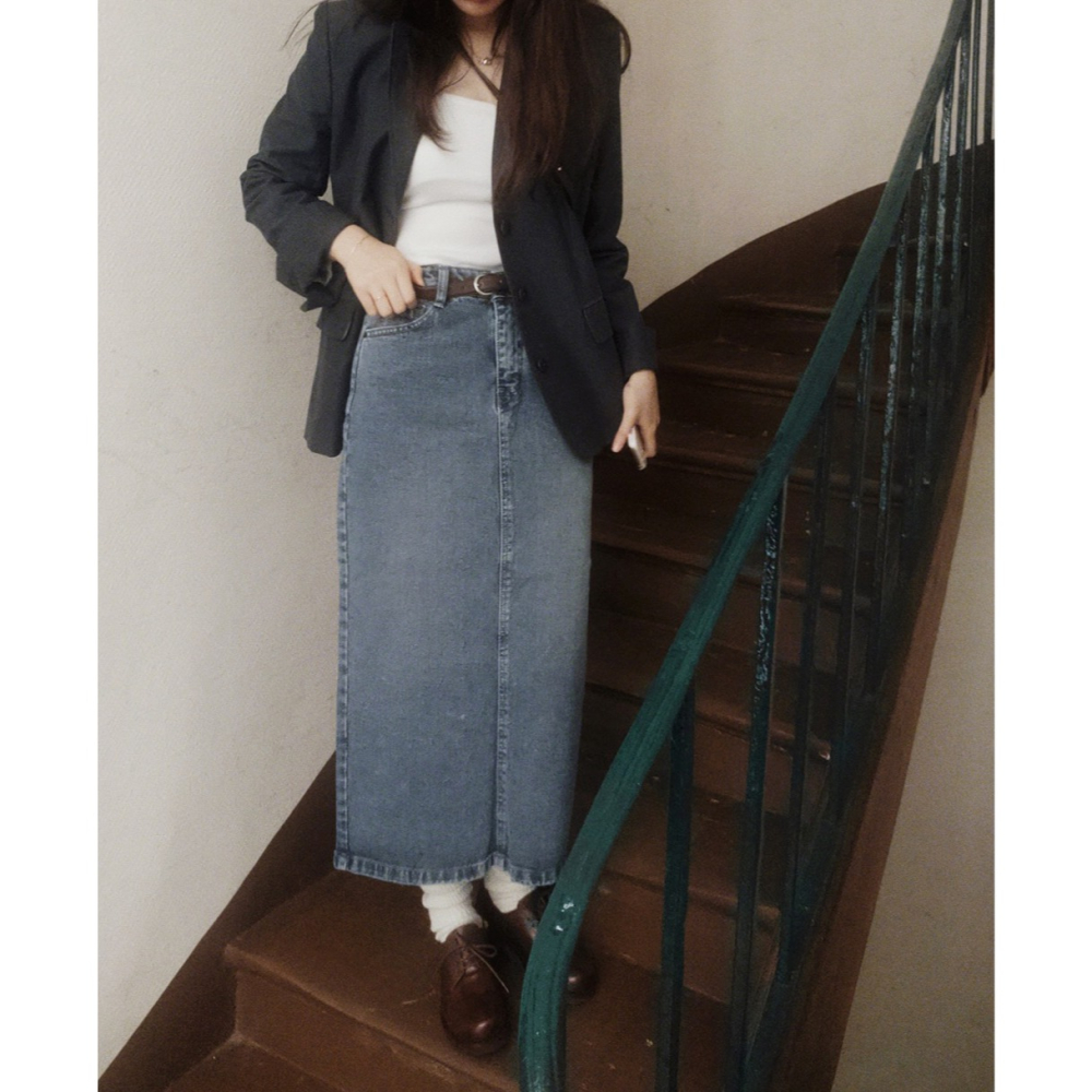 正韓製復古霧藍丹寧長裙 skirt ( slowand ) 牛仔裙 裙子-細節圖10