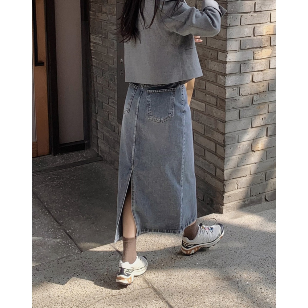 正韓製復古霧藍丹寧長裙 skirt ( slowand ) 牛仔裙 裙子-細節圖11