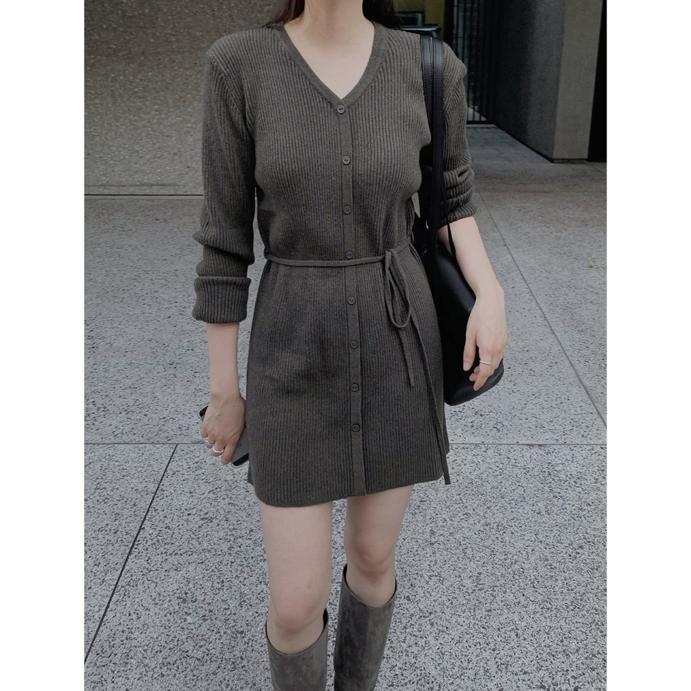 2種裙長 羅紋針織綁帶洋裝 dress 4色 （ slowand ） 長袖 連身裙 V領 綁帶-細節圖2