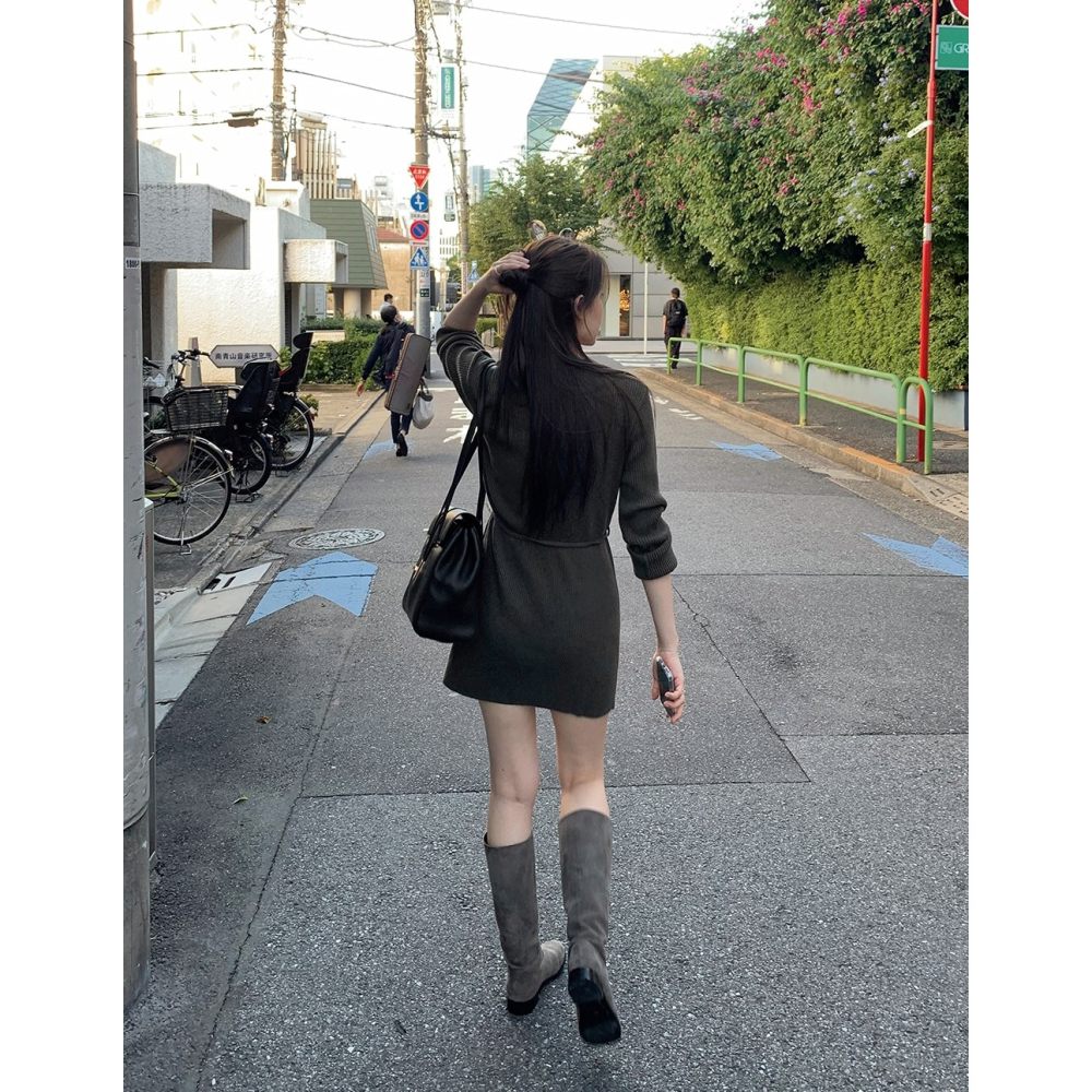 2種裙長 羅紋針織綁帶洋裝 dress 4色 （ slowand ） 長袖 連身裙 V領 綁帶-細節圖3