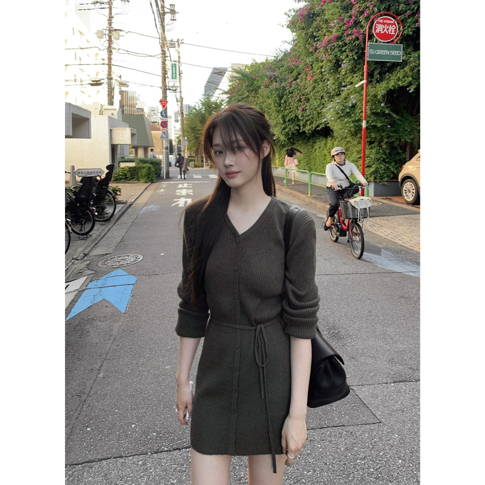 2種裙長 羅紋針織綁帶洋裝 dress 4色 （ slowand ） 長袖 連身裙 V領 綁帶-細節圖4