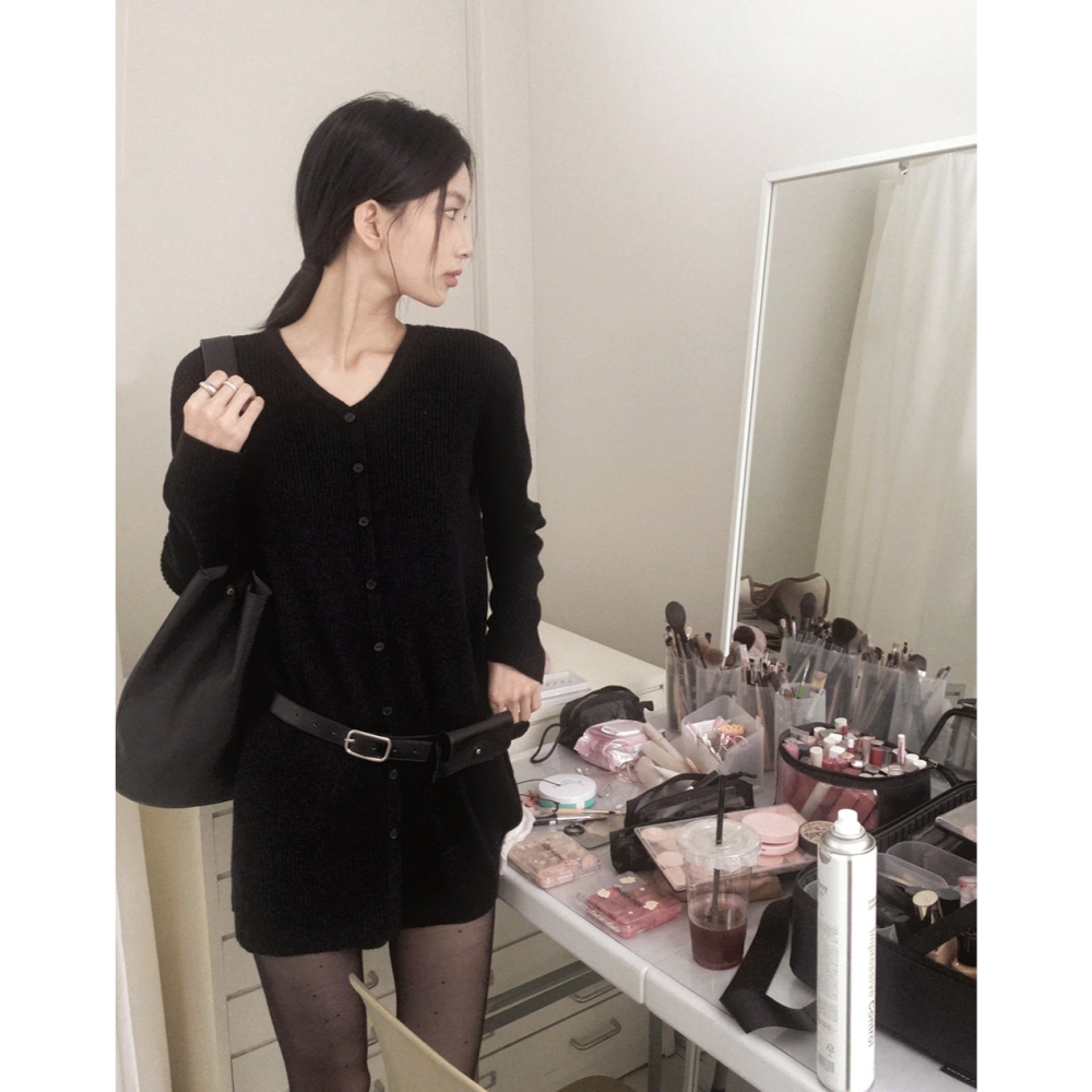 2種裙長 羅紋針織綁帶洋裝 dress 4色 （ slowand ） 長袖 連身裙 V領 綁帶-細節圖5