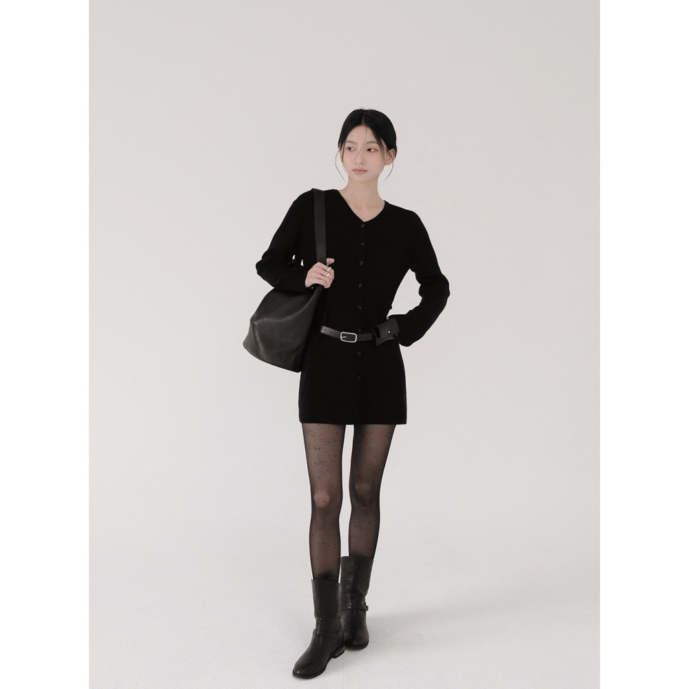 2種裙長 羅紋針織綁帶洋裝 dress 4色 （ slowand ） 長袖 連身裙 V領 綁帶-細節圖6