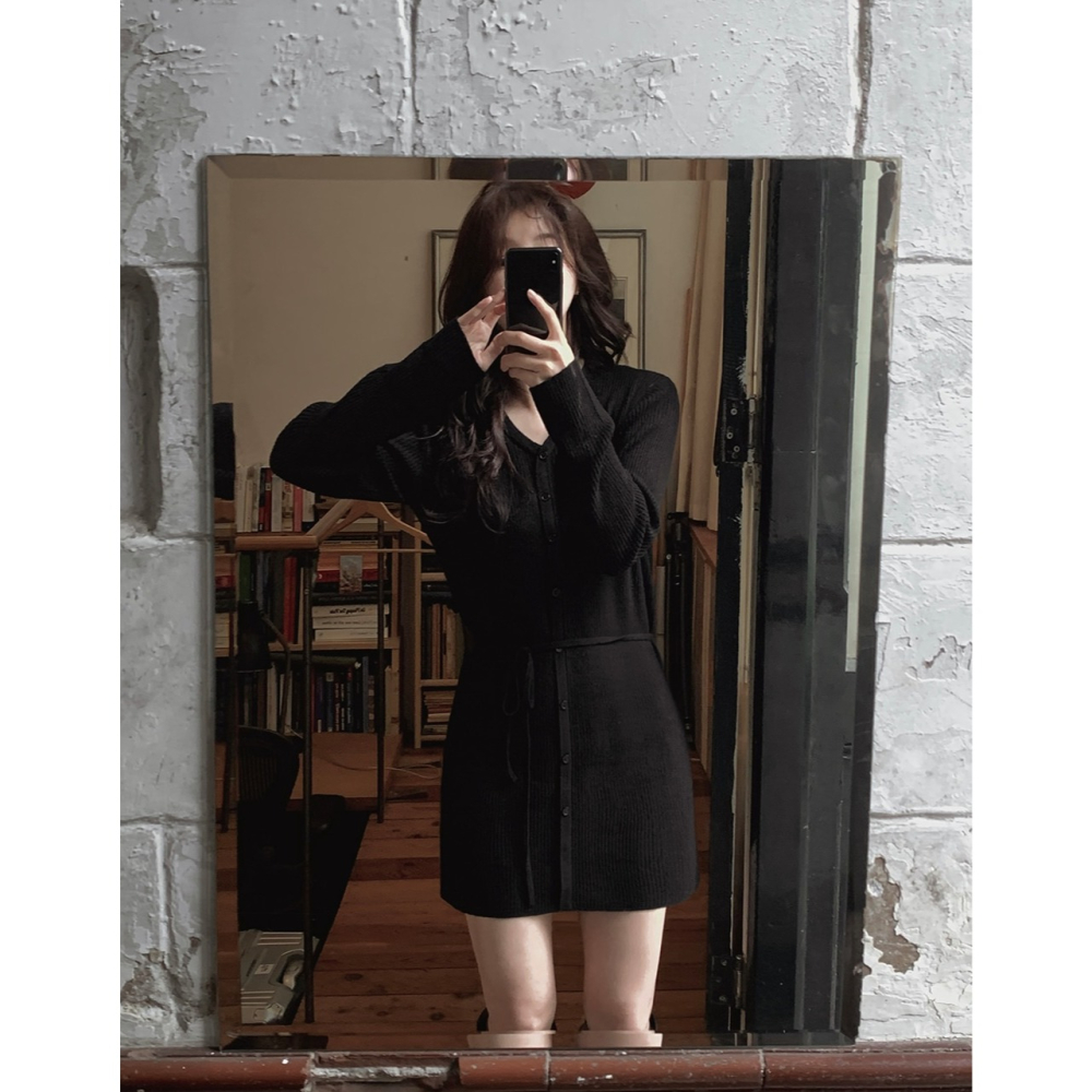 2種裙長 羅紋針織綁帶洋裝 dress 4色 （ slowand ） 長袖 連身裙 V領 綁帶-細節圖7