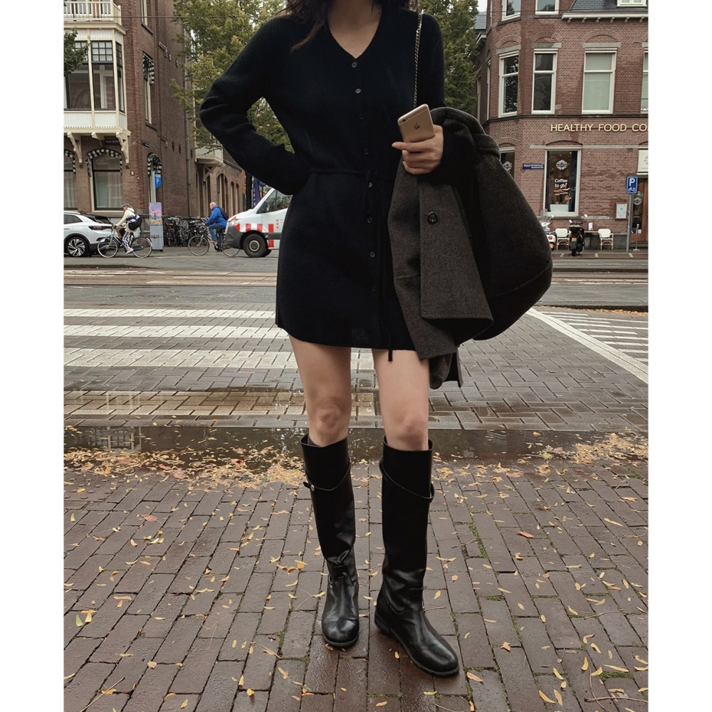 2種裙長 羅紋針織綁帶洋裝 dress 4色 （ slowand ） 長袖 連身裙 V領 綁帶-細節圖8