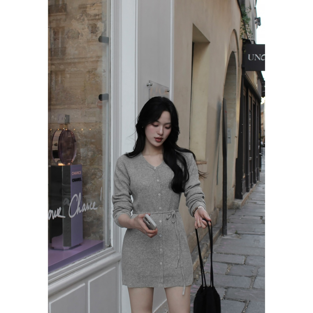 2種裙長 羅紋針織綁帶洋裝 dress 4色 （ slowand ） 長袖 連身裙 V領 綁帶-細節圖9