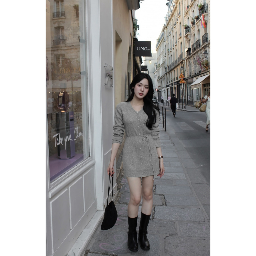 2種裙長 羅紋針織綁帶洋裝 dress 4色 （ slowand ） 長袖 連身裙 V領 綁帶-細節圖10