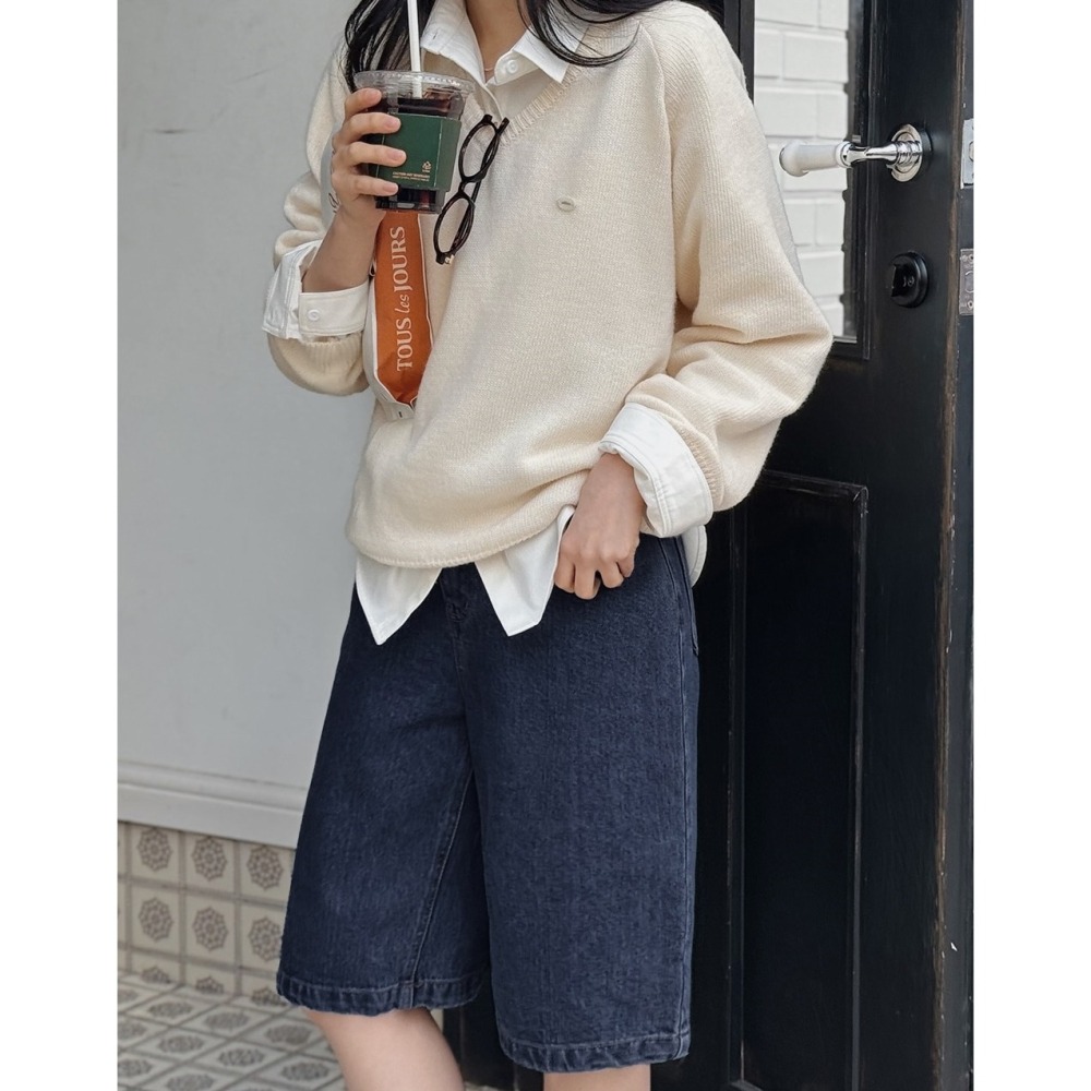 正韓製柔軟親膚標誌V領針織上衣 knit ( slowand 自訂款 ) 長袖 毛衣-細節圖3