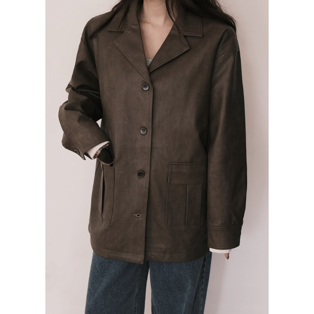 純素皮革材質半長版風衣外套 jacket ( slowand 自訂款 ) 長袖 皮衣 皮外套 夾克-細節圖2