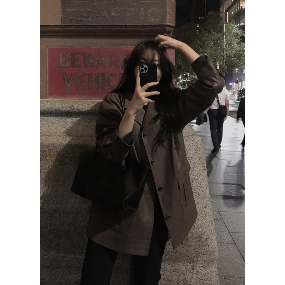 純素皮革材質半長版風衣外套 jacket ( slowand 自訂款 ) 長袖 皮衣 皮外套 夾克-細節圖3