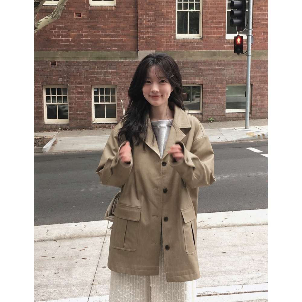 純素皮革材質半長版風衣外套 jacket ( slowand 自訂款 ) 長袖 皮衣 皮外套 夾克-細節圖4