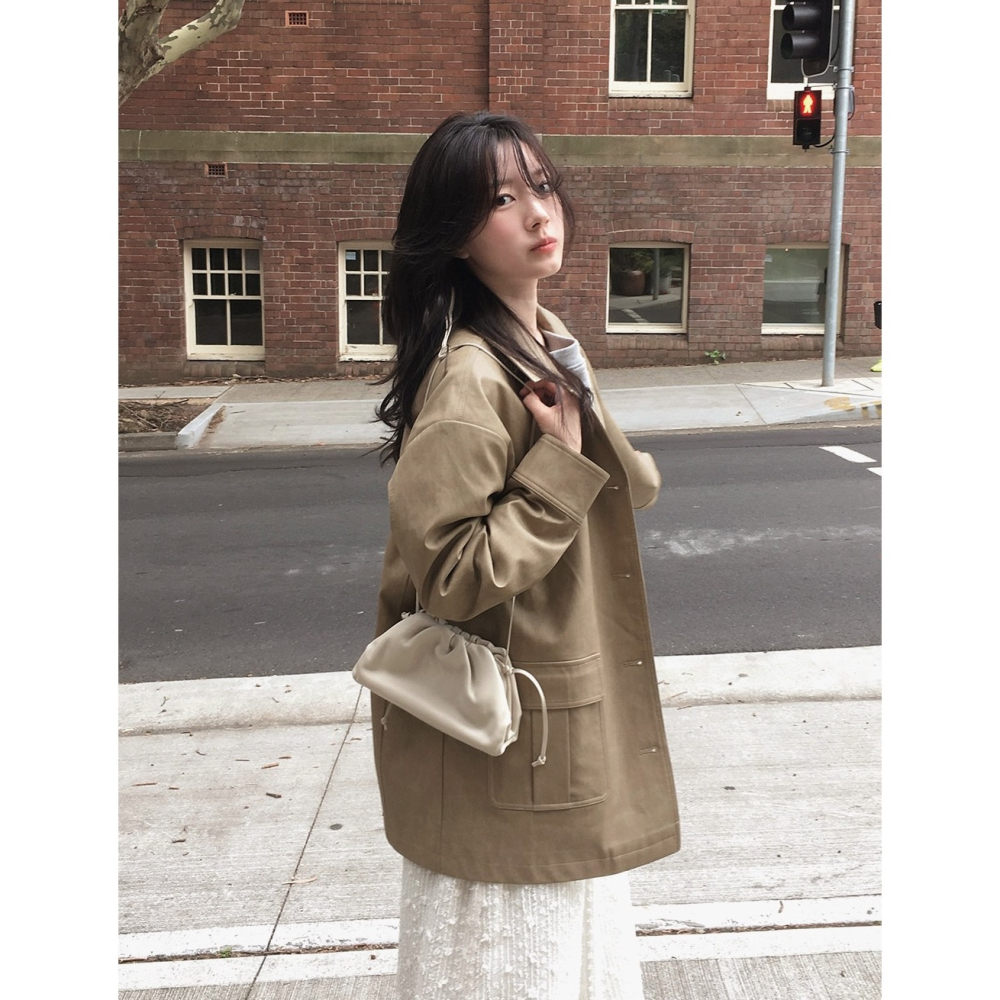純素皮革材質半長版風衣外套 jacket ( slowand 自訂款 ) 長袖 皮衣 皮外套 夾克-細節圖5