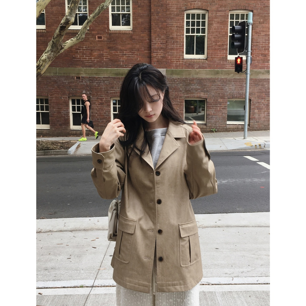 純素皮革材質半長版風衣外套 jacket ( slowand 自訂款 ) 長袖 皮衣 皮外套 夾克-細節圖6