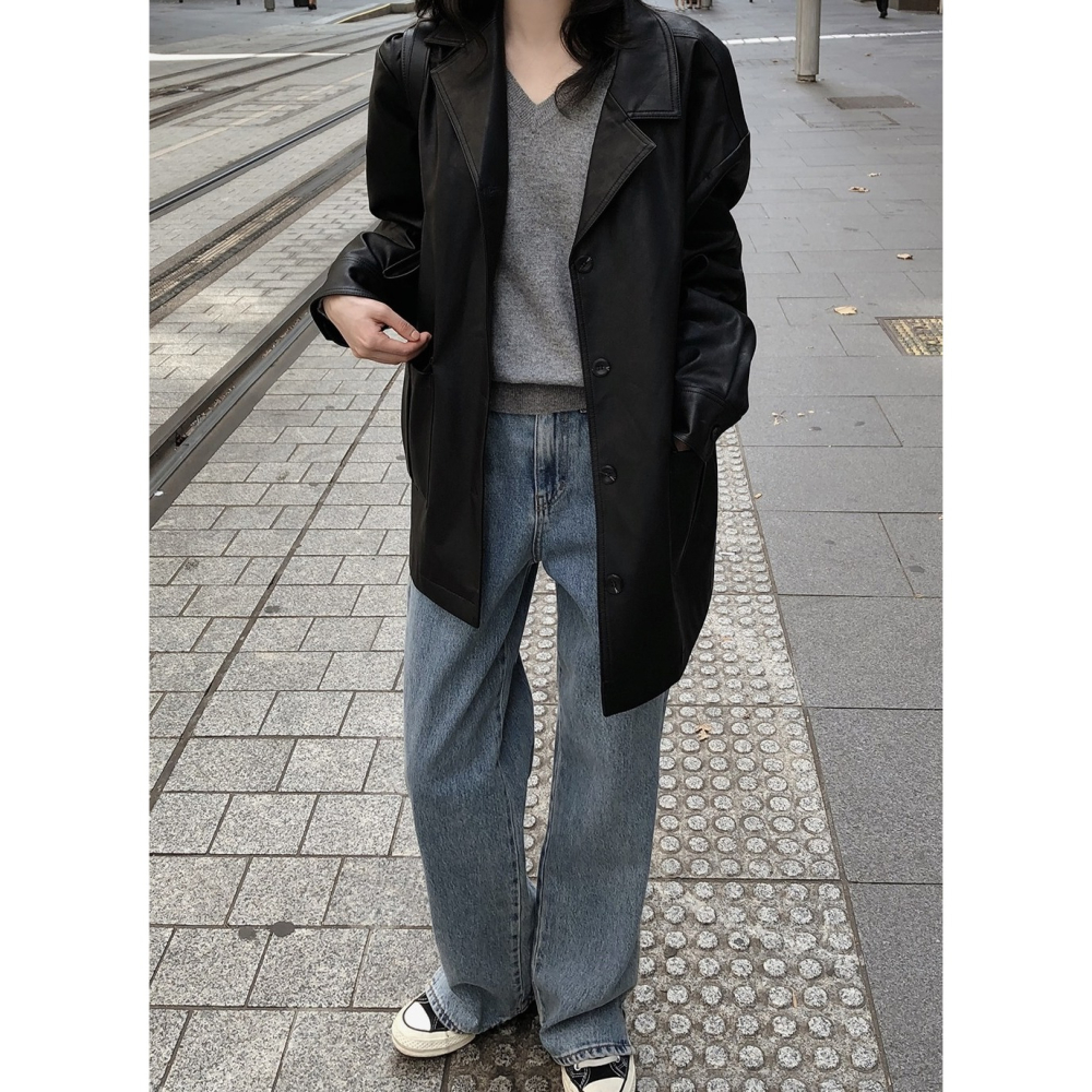 純素皮革材質半長版風衣外套 jacket ( slowand 自訂款 ) 長袖 皮衣 皮外套 夾克-細節圖8