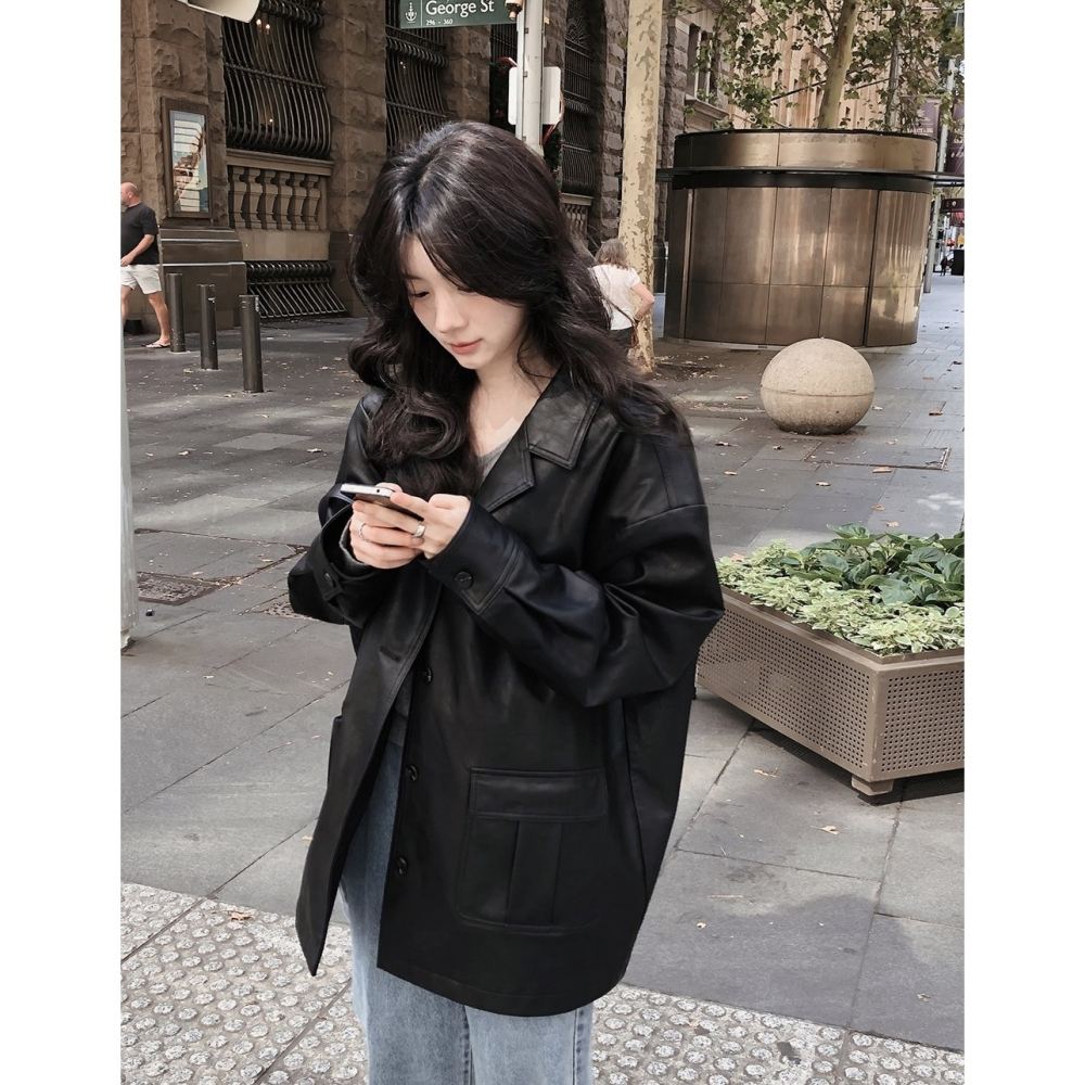 純素皮革材質半長版風衣外套 jacket ( slowand 自訂款 ) 長袖 皮衣 皮外套 夾克-細節圖9