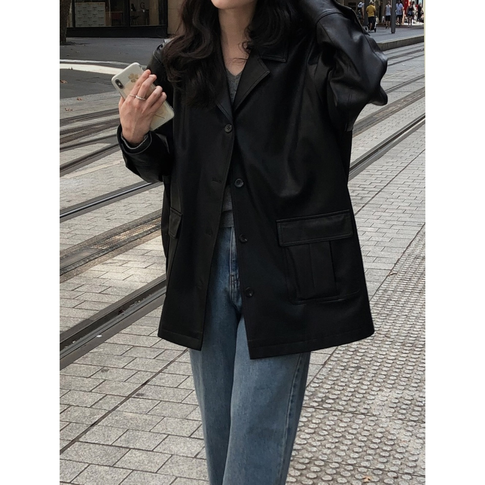 純素皮革材質半長版風衣外套 jacket ( slowand 自訂款 ) 長袖 皮衣 皮外套 夾克-細節圖10