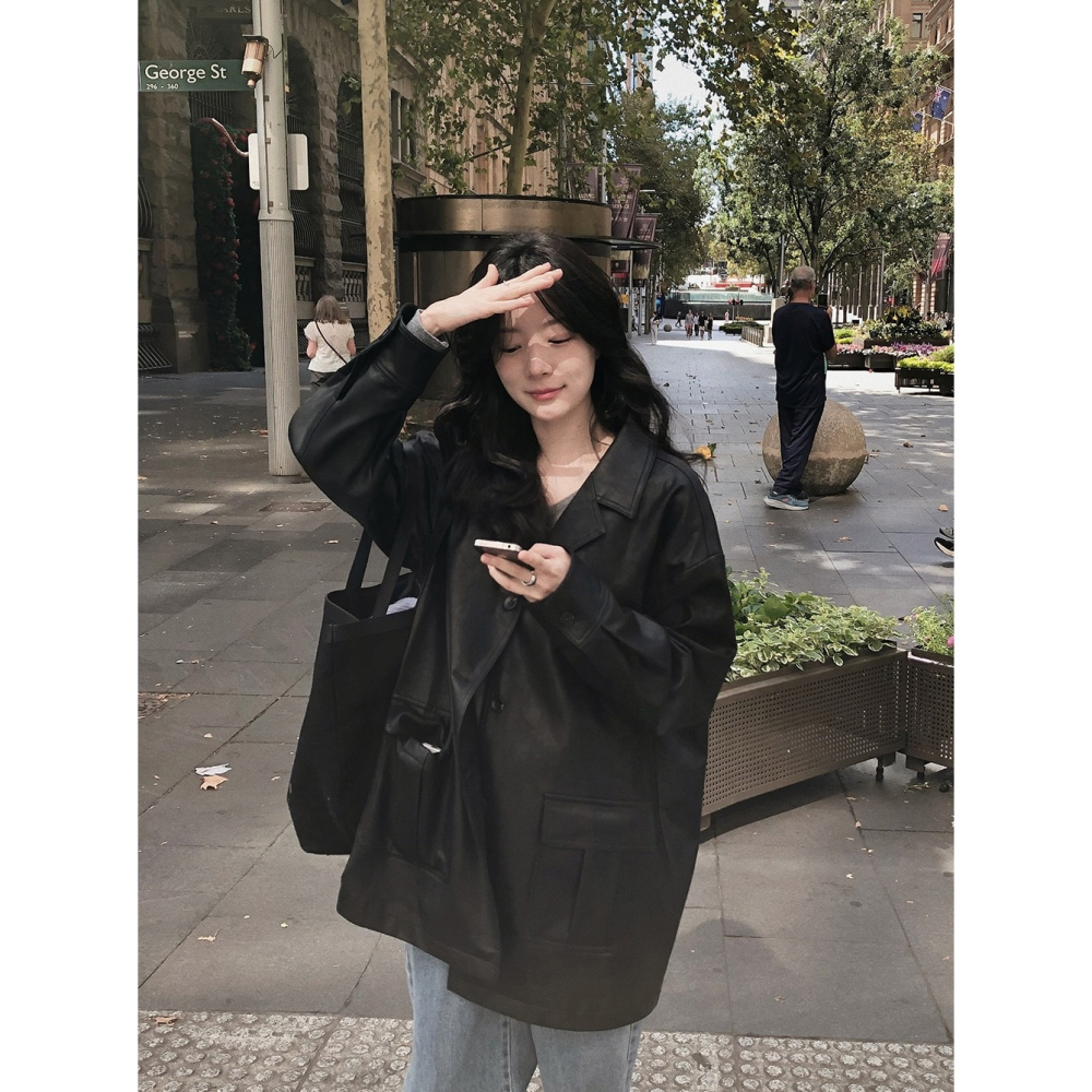 純素皮革材質半長版風衣外套 jacket ( slowand 自訂款 ) 長袖 皮衣 皮外套 夾克-細節圖11