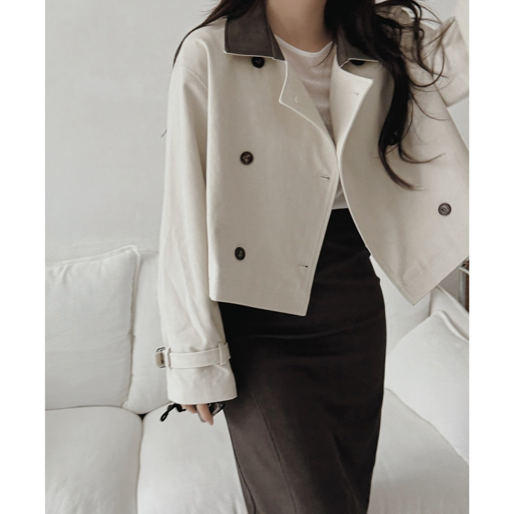 正韓製皮革領短版風衣外套 jacket ( slowand 自訂款 ) 長袖 夾克-細節圖9