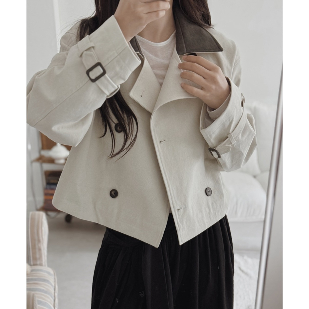 正韓製皮革領短版風衣外套 jacket ( slowand 自訂款 ) 長袖 夾克-細節圖10