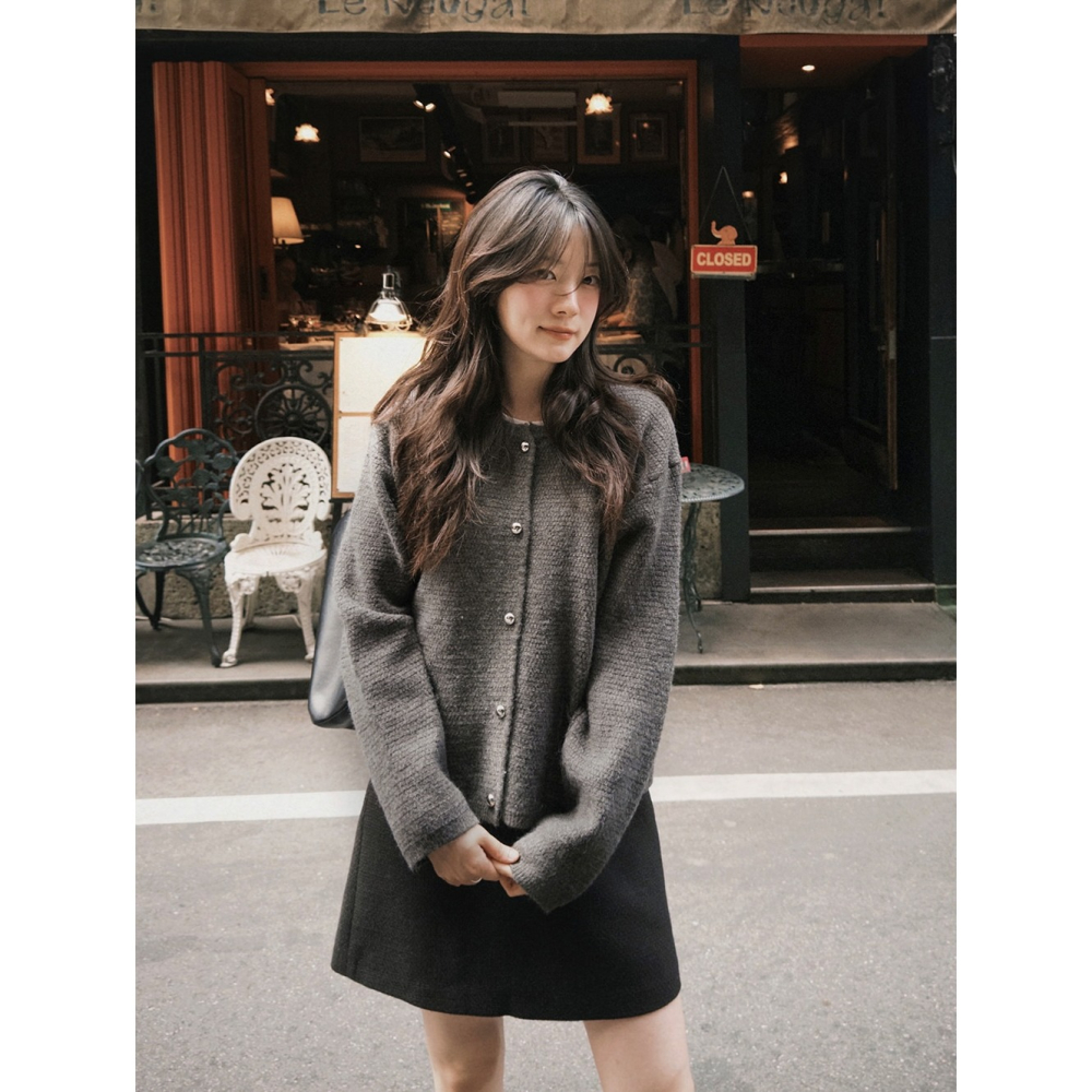 端莊毛呢風針織外套 cardigan 2色 ( slowand 自訂款 ) 長袖 柔軟 開衫 粗花呢-細節圖5