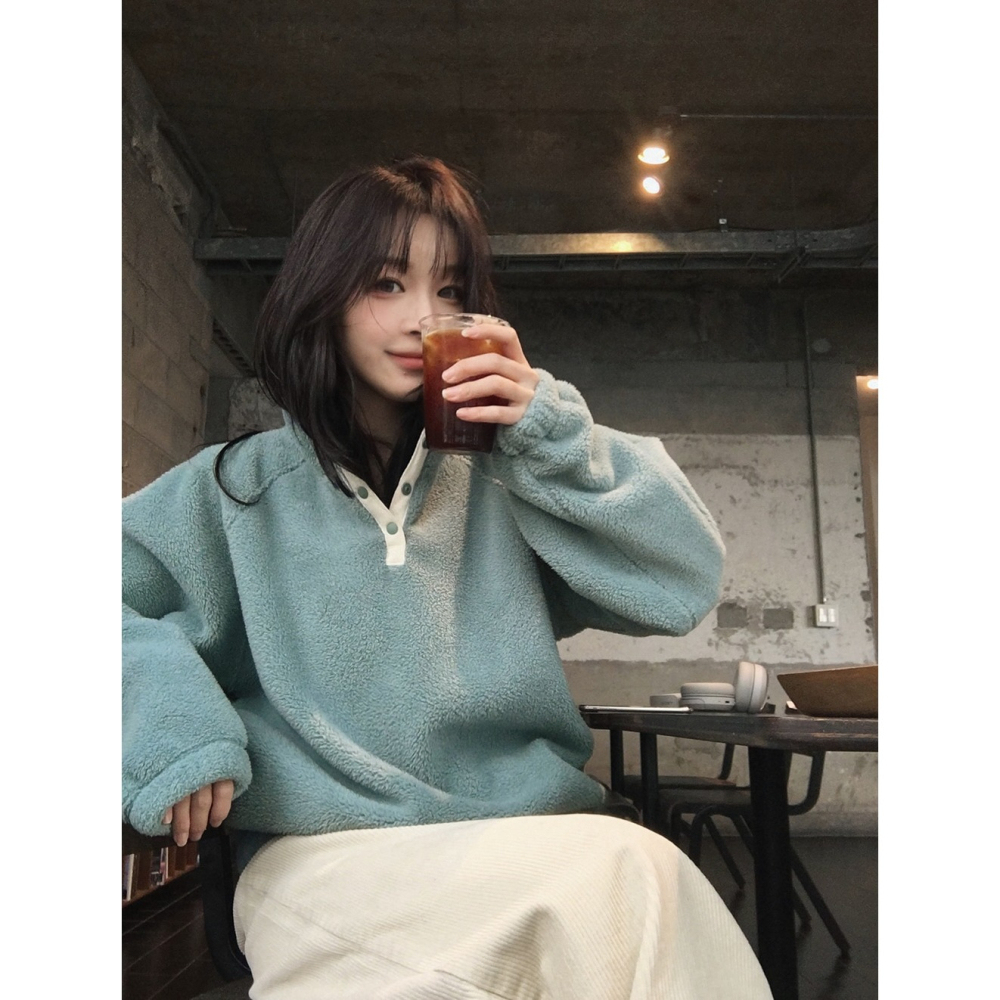 正韓製溫暖羊羔絨半開襟上衣 4色 / slowand 自訂款 長袖 高領 寬鬆 厚刷毛 羔羊毛 毛衣-細節圖2