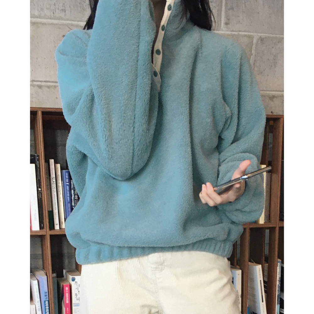 正韓製溫暖羊羔絨半開襟上衣 4色 / slowand 自訂款 長袖 高領 寬鬆 厚刷毛 羔羊毛 毛衣-細節圖3