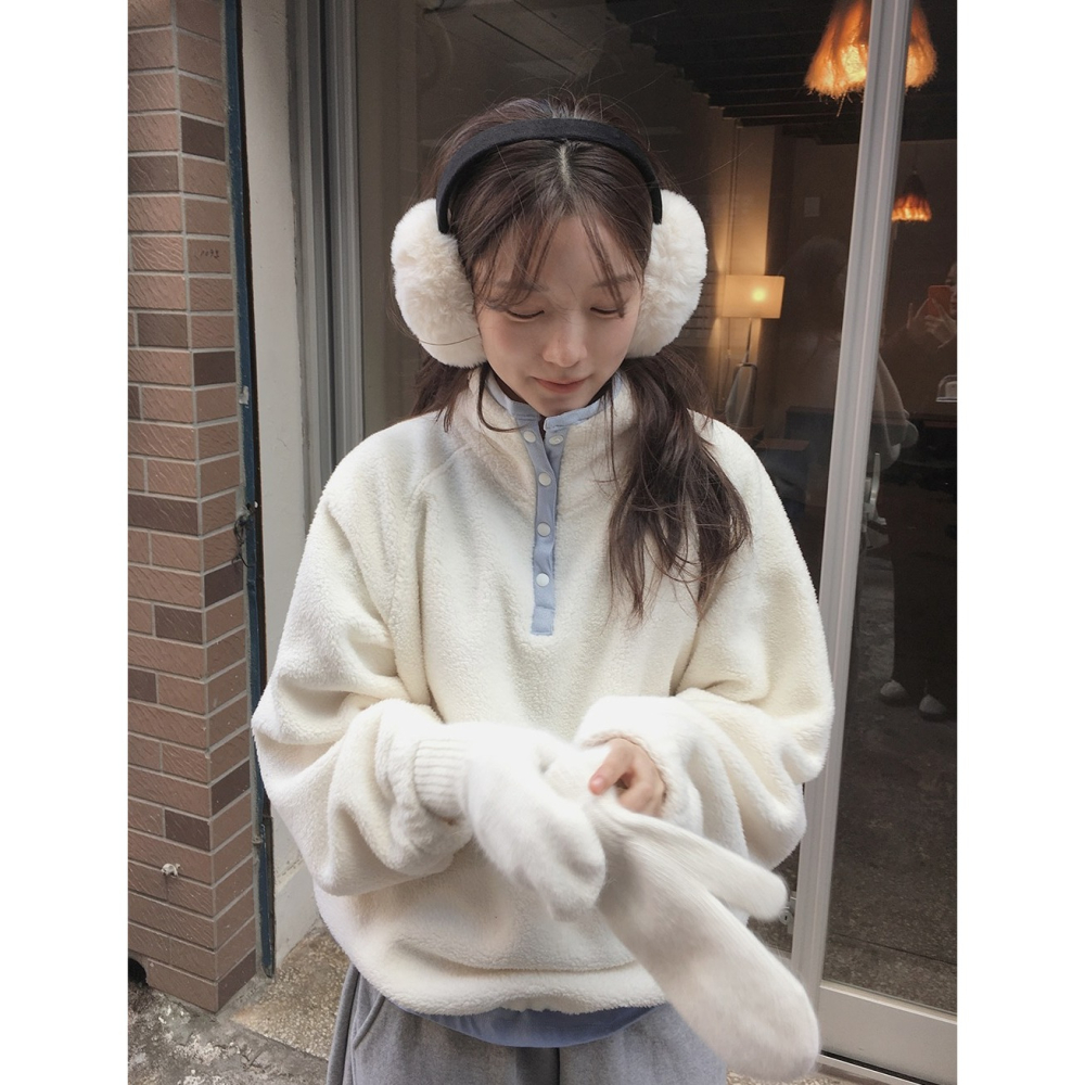 正韓製溫暖羊羔絨半開襟上衣 4色 / slowand 自訂款 長袖 高領 寬鬆 厚刷毛 羔羊毛 毛衣-細節圖4