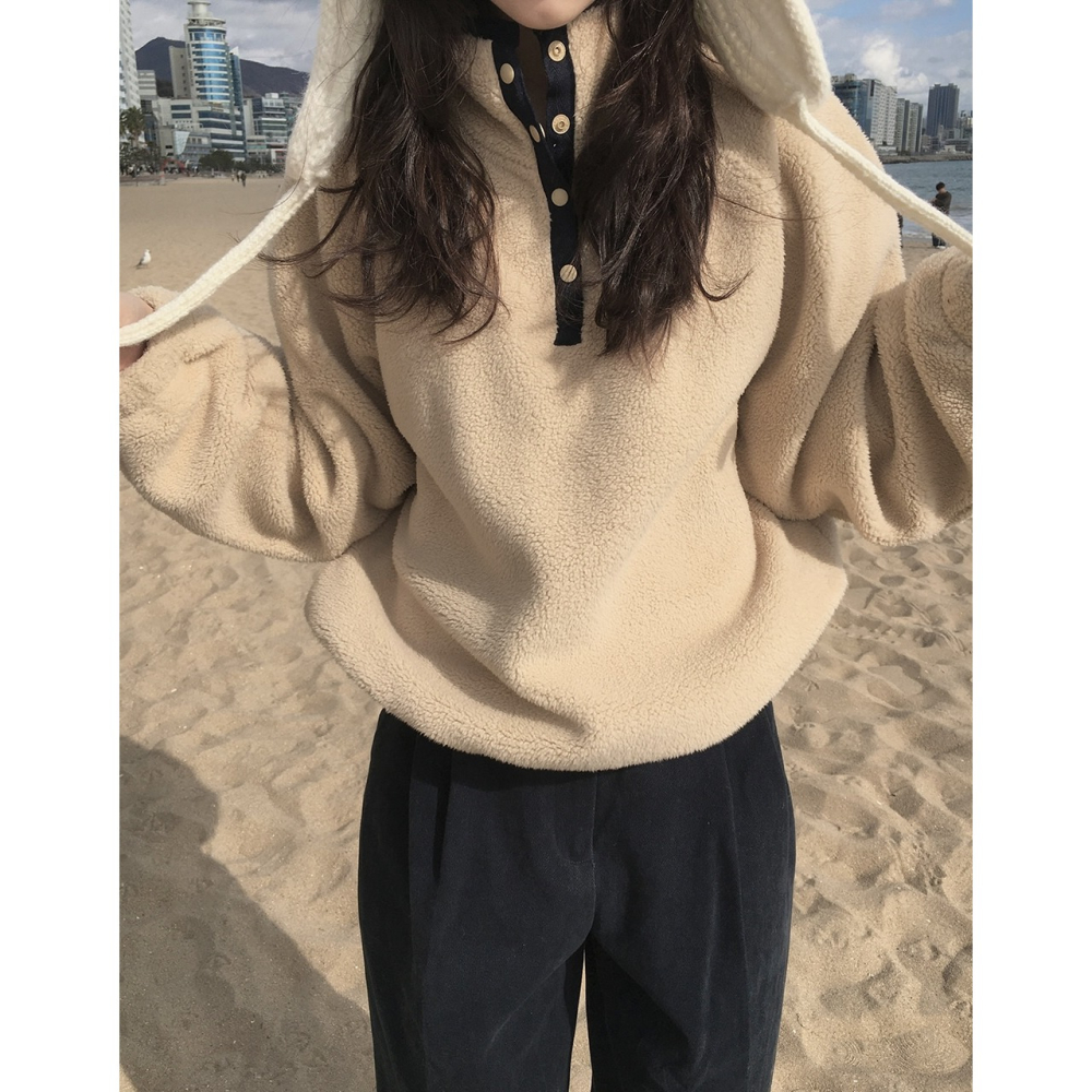 正韓製溫暖羊羔絨半開襟上衣 4色 / slowand 自訂款 長袖 高領 寬鬆 厚刷毛 羔羊毛 毛衣-細節圖5