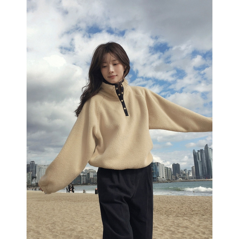 正韓製溫暖羊羔絨半開襟上衣 4色 / slowand 自訂款 長袖 高領 寬鬆 厚刷毛 羔羊毛 毛衣-細節圖7