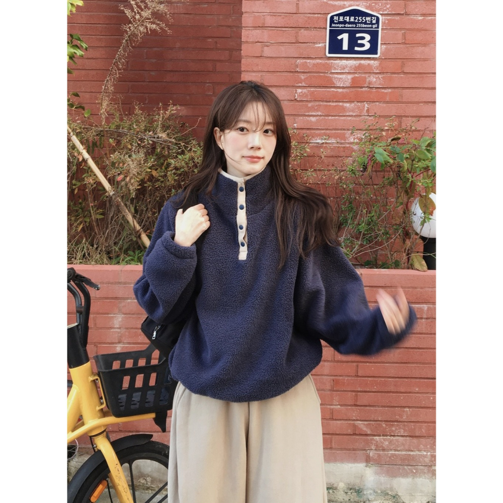 正韓製溫暖羊羔絨半開襟上衣 4色 / slowand 自訂款 長袖 高領 寬鬆 厚刷毛 羔羊毛 毛衣-細節圖8