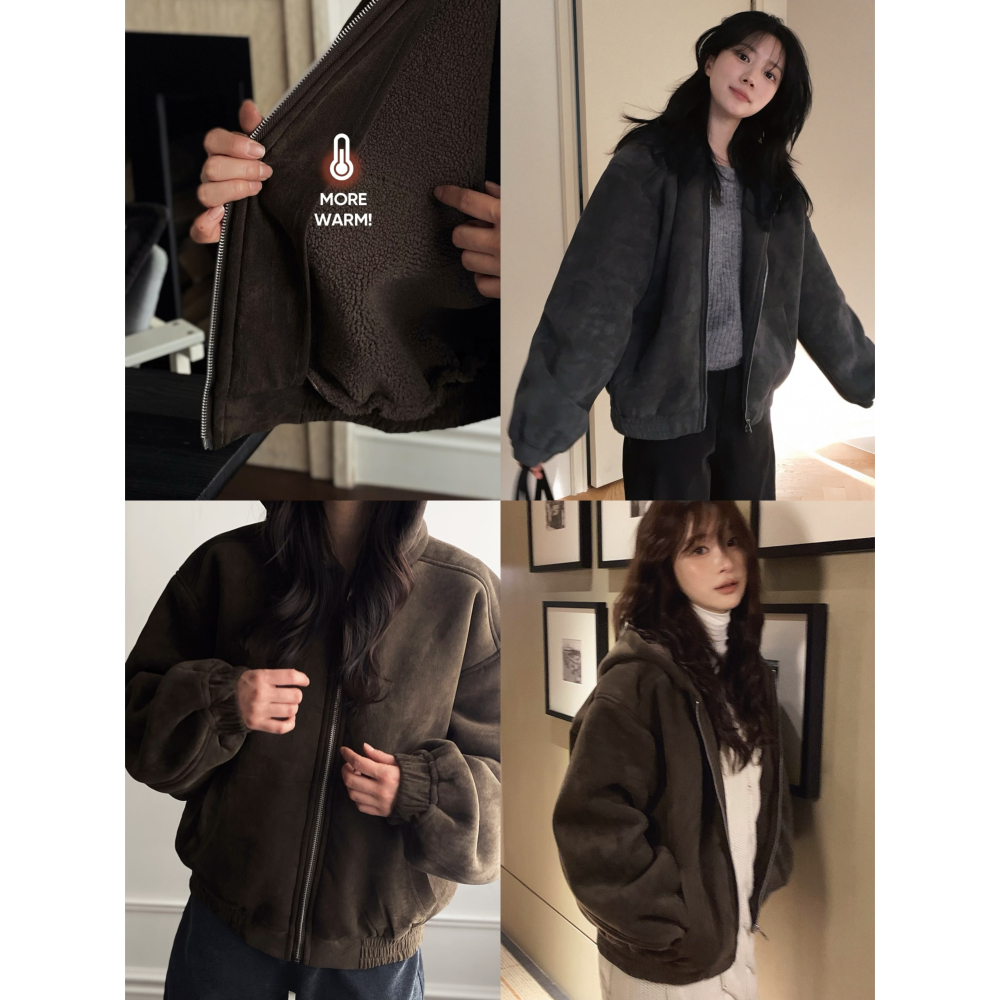 Warm More🔥 絨面仿羊羔皮絨帽外套 jumper 2色 웜모어 스웨이드 덤블무스탕 - 晚安韓國代購 - iOPEN Mall