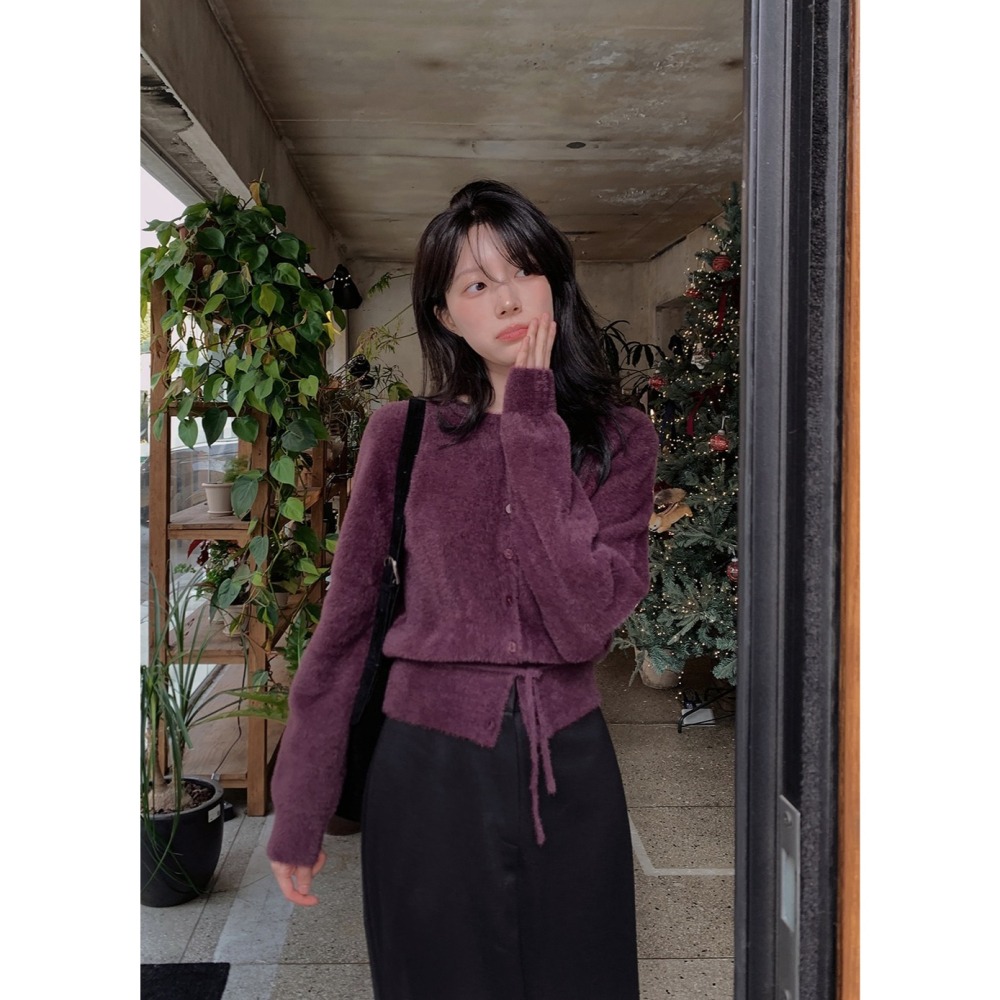 綁帶毛絨絨針織外套 cardigan 4色 / 데이니 스트랩 퍼가디건-細節圖5