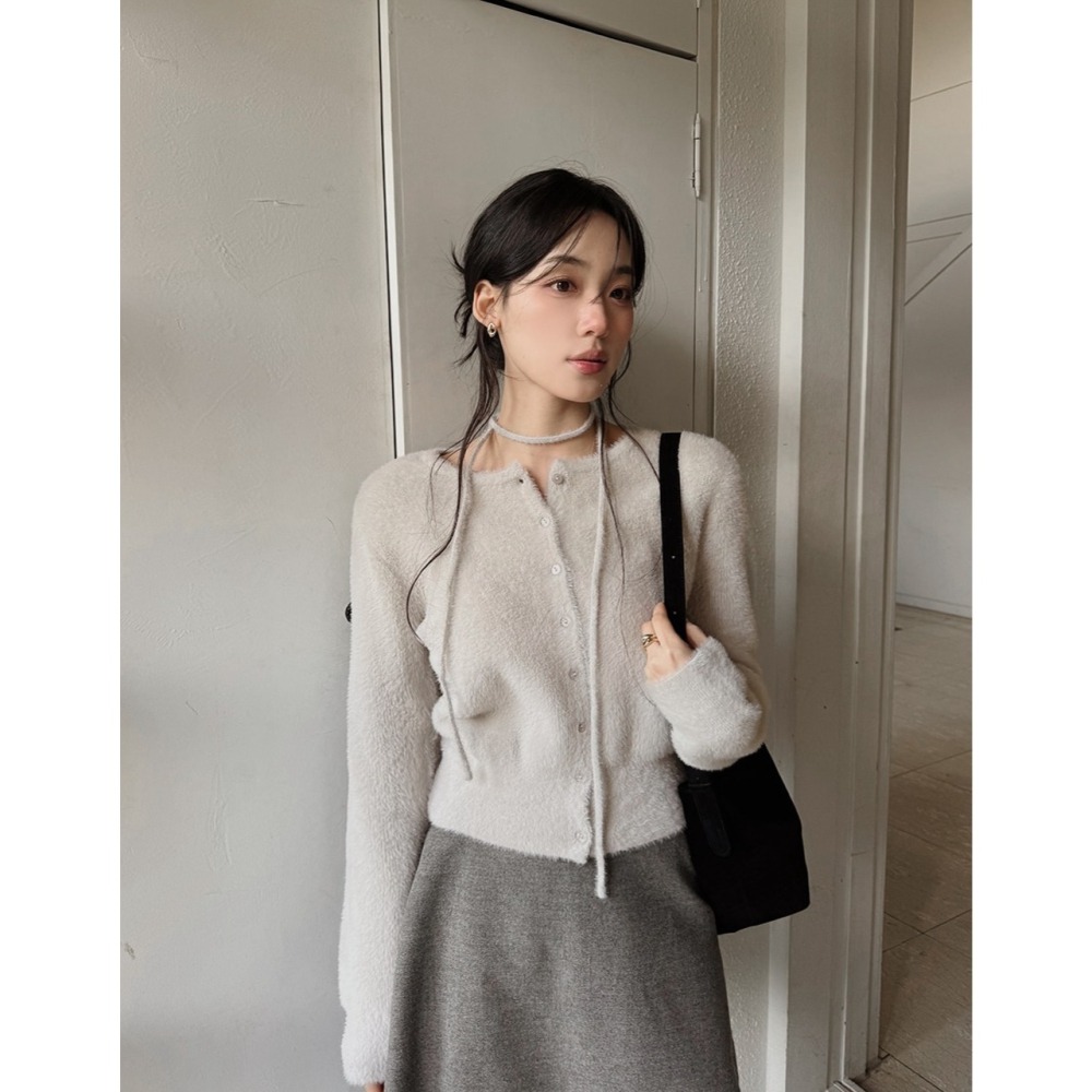 綁帶毛絨絨針織外套 cardigan 4色 / 데이니 스트랩 퍼가디건-細節圖9