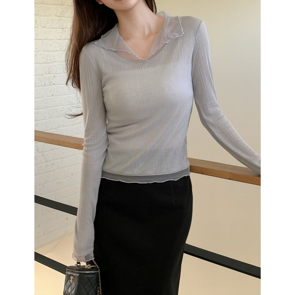 無刷毛/刷毛🔥 正韓製浪漫網紗拼接假兩件上衣 tee 7色 / 헤이라 망사 카라 긴팔 티셔츠-細節圖3