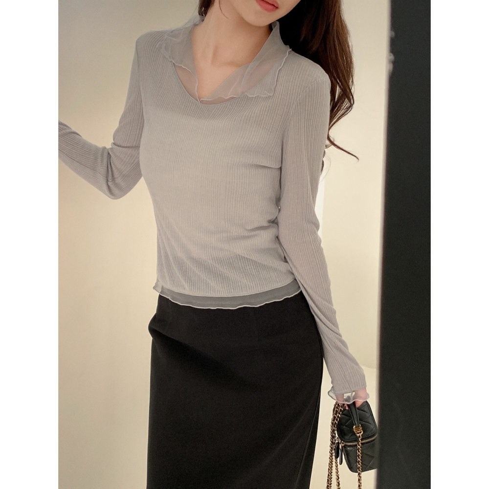 無刷毛/刷毛🔥 正韓製浪漫網紗拼接假兩件上衣 tee 7色 / 헤이라 망사 카라 긴팔 티셔츠-細節圖4