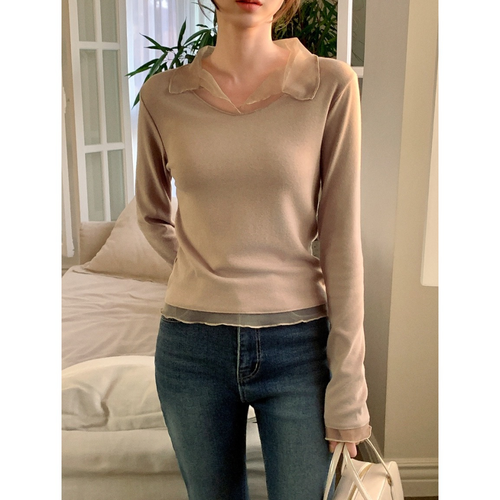 無刷毛/刷毛🔥 正韓製浪漫網紗拼接假兩件上衣 tee 7色 / 헤이라 망사 카라 긴팔 티셔츠-細節圖5