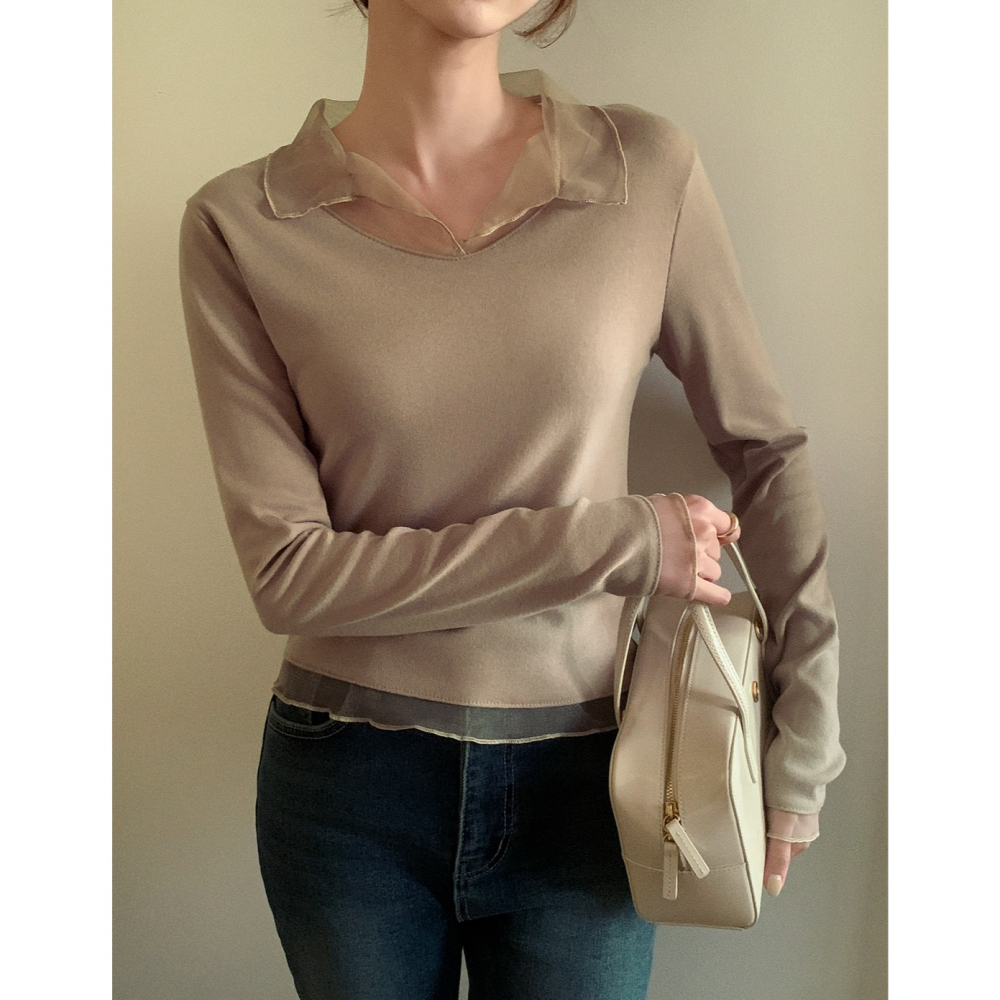 無刷毛/刷毛🔥 正韓製浪漫網紗拼接假兩件上衣 tee 7色 / 헤이라 망사 카라 긴팔 티셔츠-細節圖6