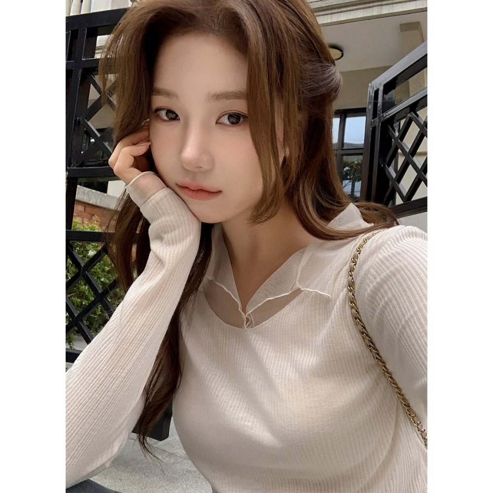 無刷毛/刷毛🔥 正韓製浪漫網紗拼接假兩件上衣 tee 7色 / 헤이라 망사 카라 긴팔 티셔츠-細節圖8